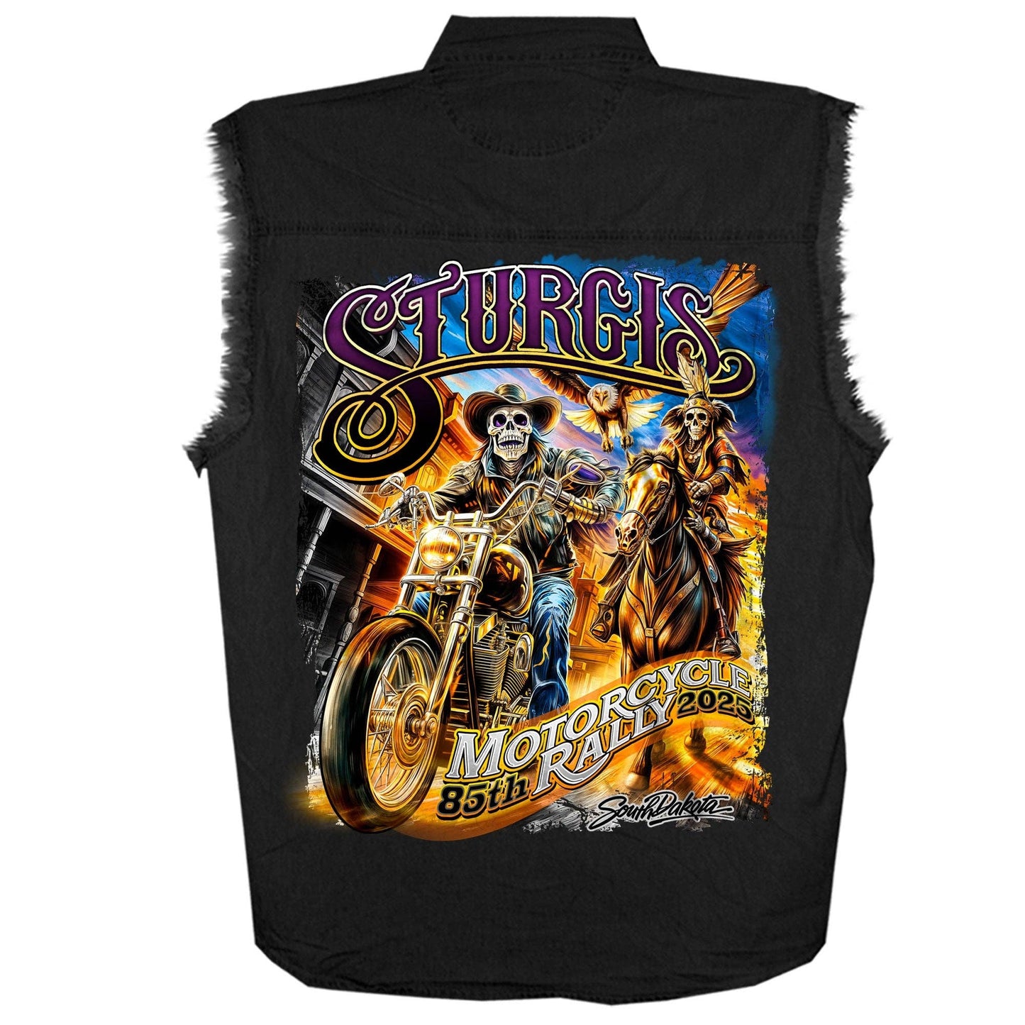 2025 Sturgis Motorcycle Rally Ghost Rider Black Sleeveless Denim